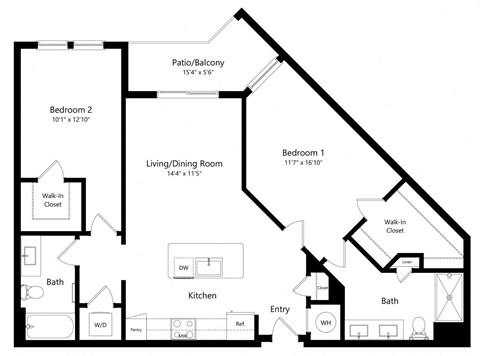 Floor plan for 2 beds, 2 baths, 1180 sqft